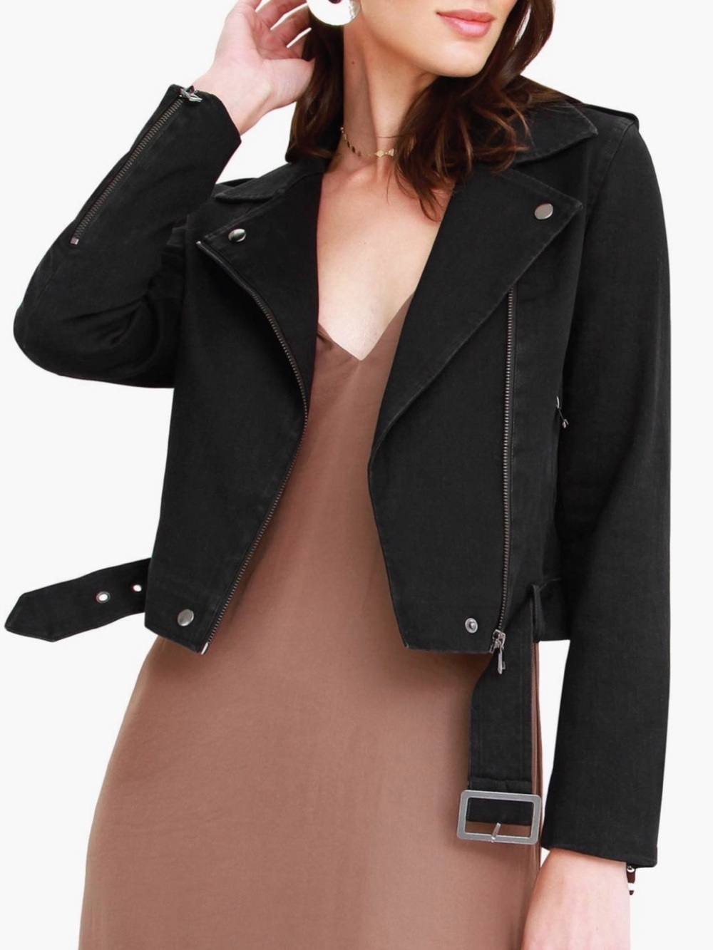 LG Belle & Bloom Women’s Black Washed Denim Limelight Moto Jacket